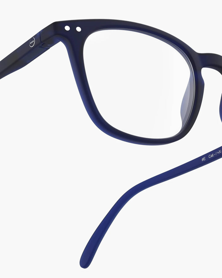 IZIPIZI READING #E Midnight Blue reading glasses with translucent navy rectangular frame and Soft Touch finish