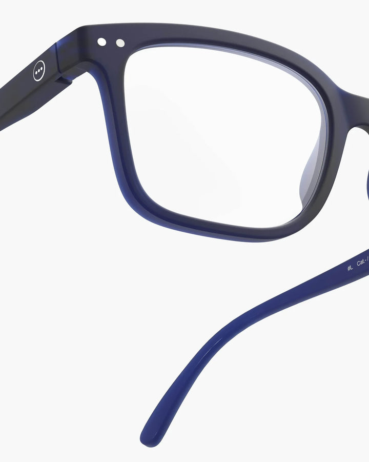IZIPIZI READING #L Midnight Blue reading glasses with translucent navy rectangular frame and Soft Touch finish