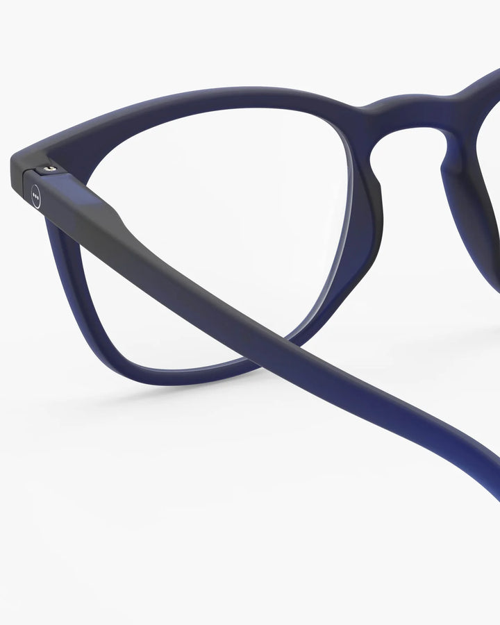IZIPIZI READING #E Midnight Blue reading glasses with translucent navy rectangular frame and Soft Touch finish