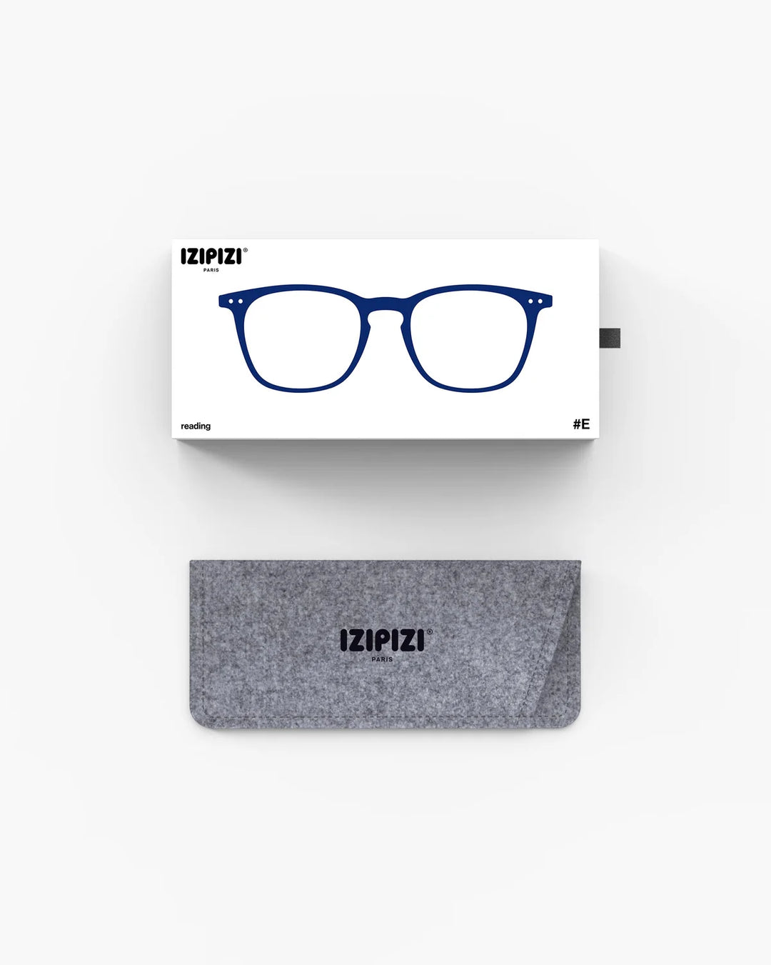 IZIPIZI READING #E Midnight Blue reading glasses with translucent navy rectangular frame and Soft Touch finish