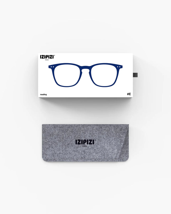 IZIPIZI READING #E Midnight Blue reading glasses with translucent navy rectangular frame and Soft Touch finish