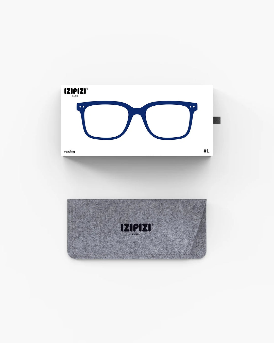 IZIPIZI READING #L Midnight Blue reading glasses with translucent navy rectangular frame and Soft Touch finish