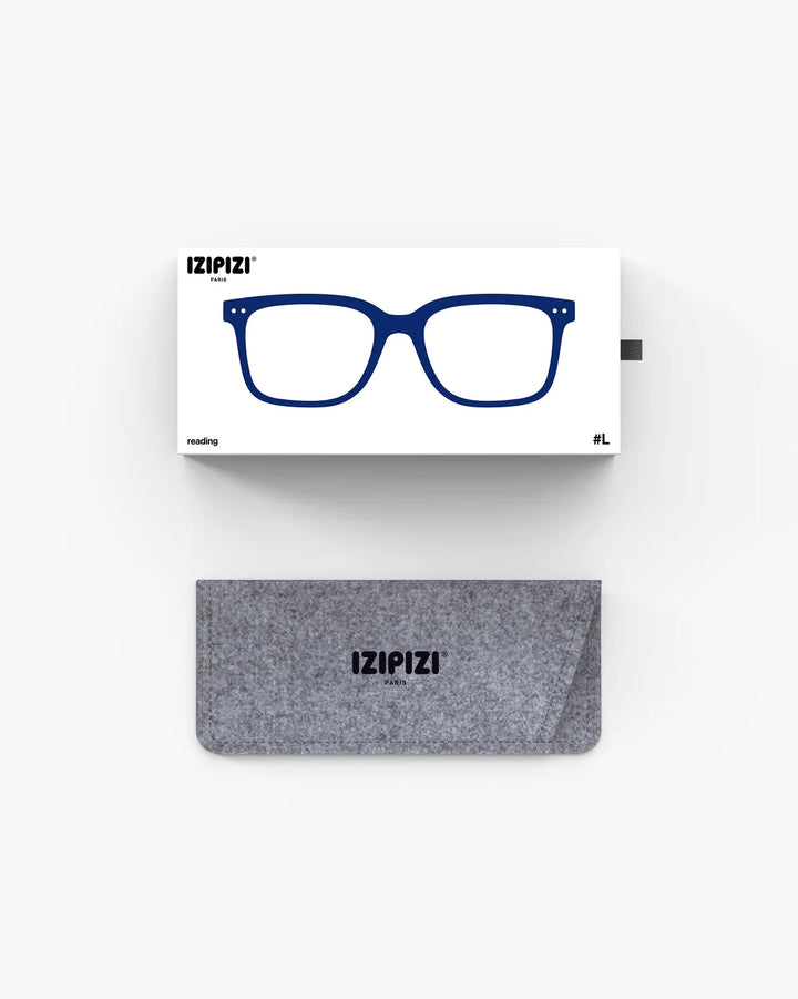 IZIPIZI READING #L Midnight Blue reading glasses with translucent navy rectangular frame and Soft Touch finish