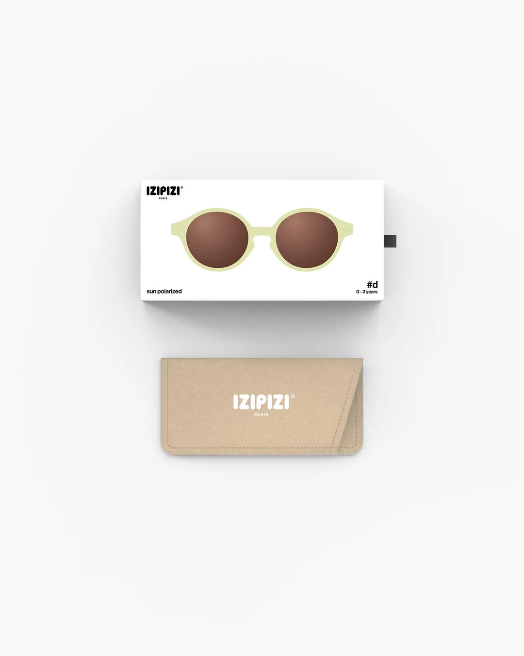 IZIPIZI BABY #D Vanilla polarized baby sunglasses with shiny pale yellow frame, grey-green lenses and 100% UV protection