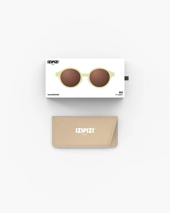 IZIPIZI BABY #D Vanilla polarized baby sunglasses with shiny pale yellow frame, grey-green lenses and 100% UV protection