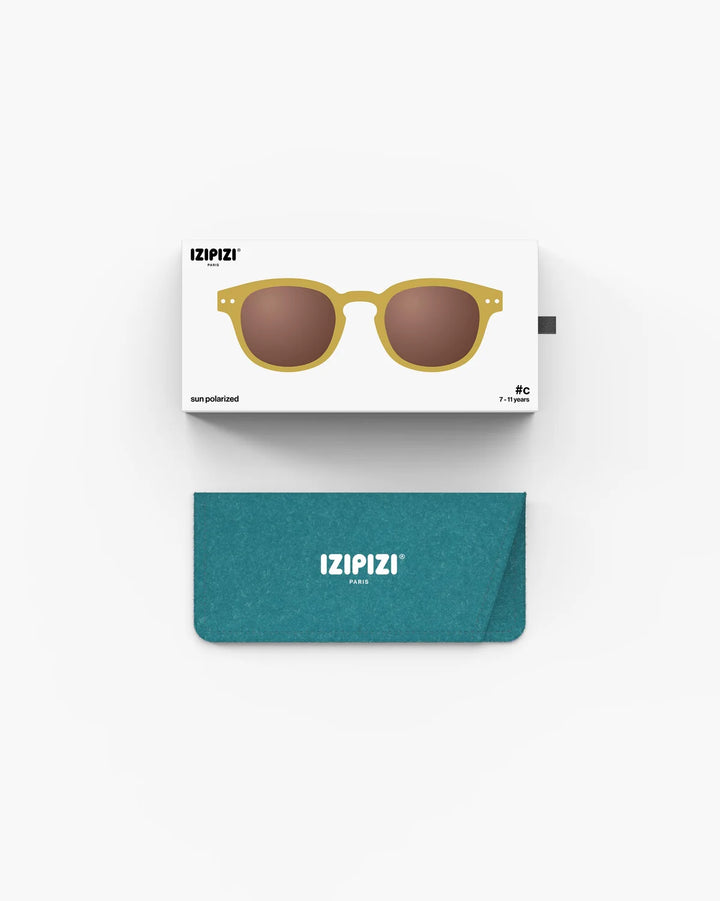 IZIPIZI CHILD #C Golden Green polarized kids sunglasses with shiny olive-green frame, brown lenses and 100% UV protection