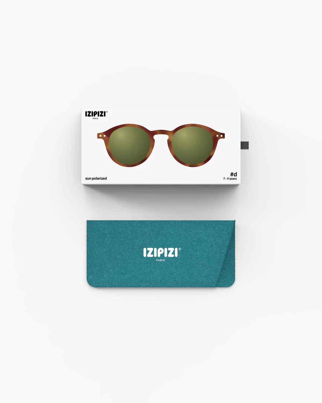 IZIPIZI CHILD #D Havane polarized kids sunglasses with brown caramel tortoiseshell frame, Soft Touch finish and green polarized lenses