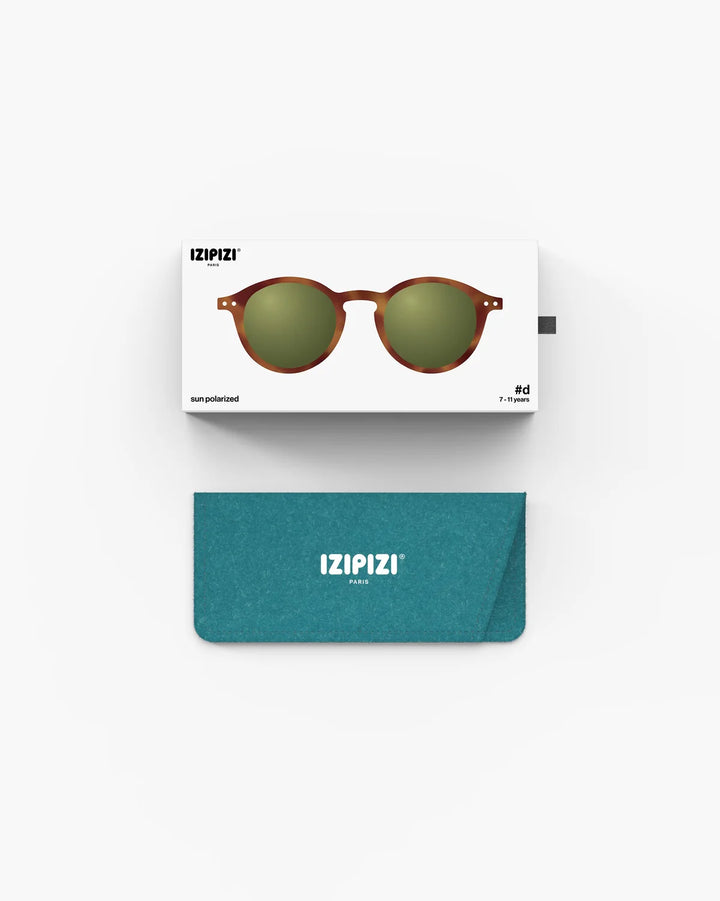 IZIPIZI CHILD #D Havane polarized kids sunglasses with brown caramel tortoiseshell frame, Soft Touch finish and green polarized lenses