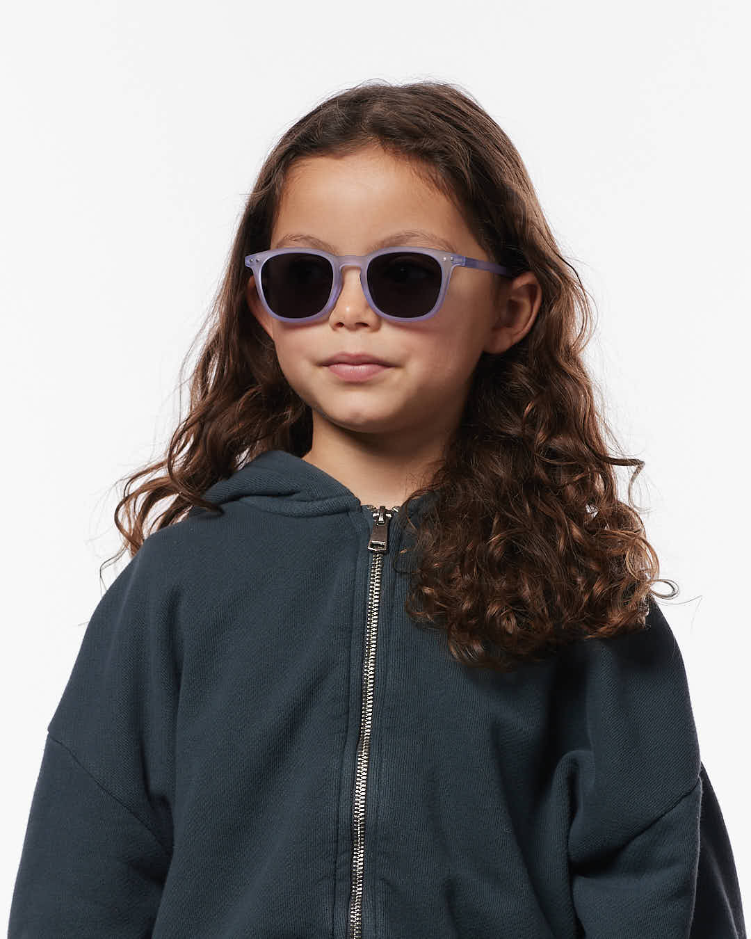IZIPIZI CHILD #E Lavender polarized kids sunglasses with soft purple rectangular frame and grey-green polarized lenses