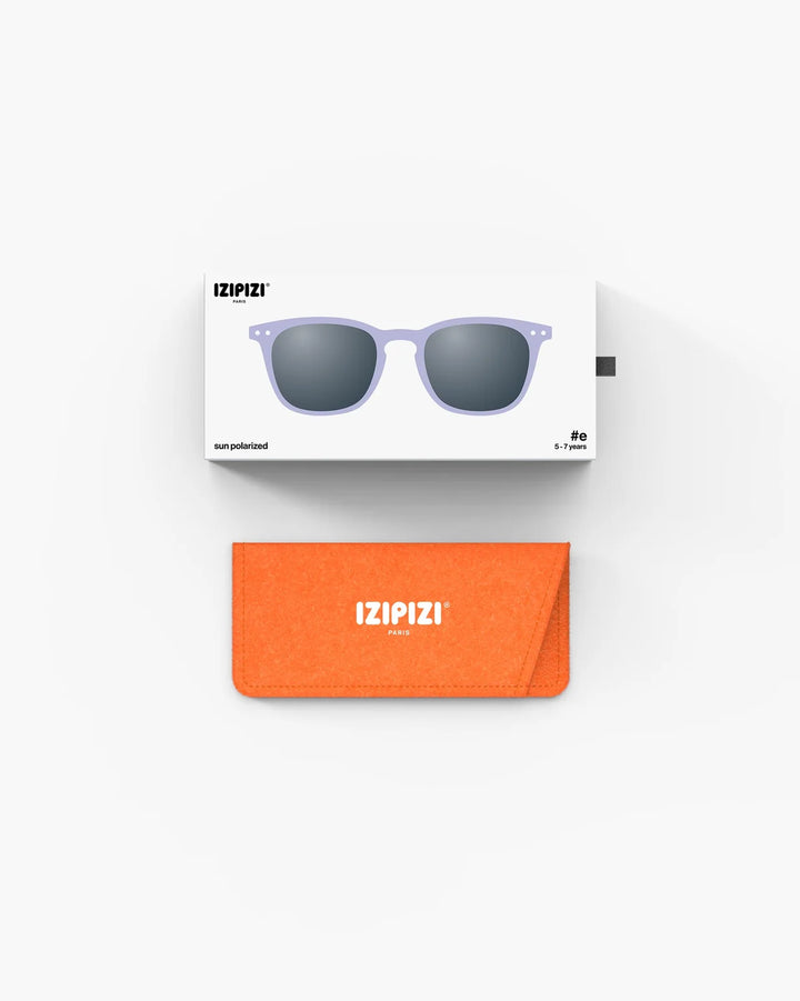 IZIPIZI CHILD #E Lavender polarized kids sunglasses with soft purple rectangular frame and grey-green polarized lenses
