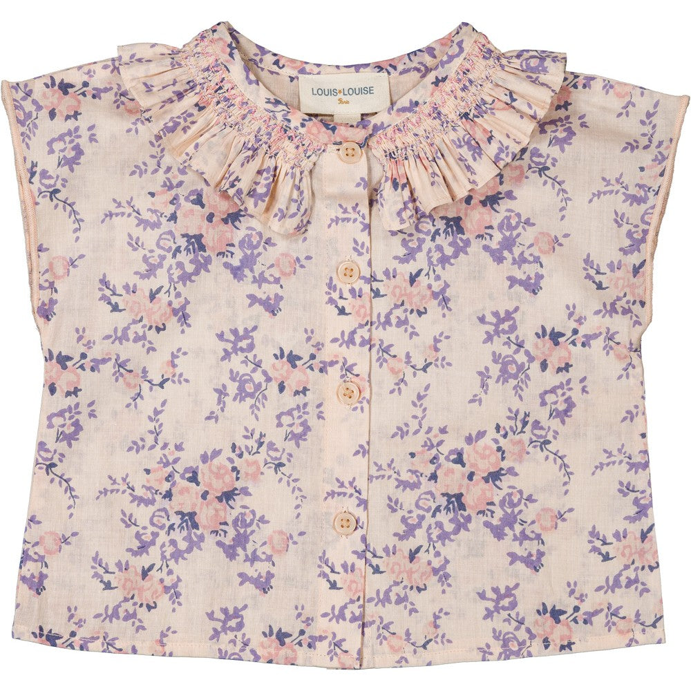 Baby floral cotton blouse with ruffle neckline and pink mauve bouquet print
