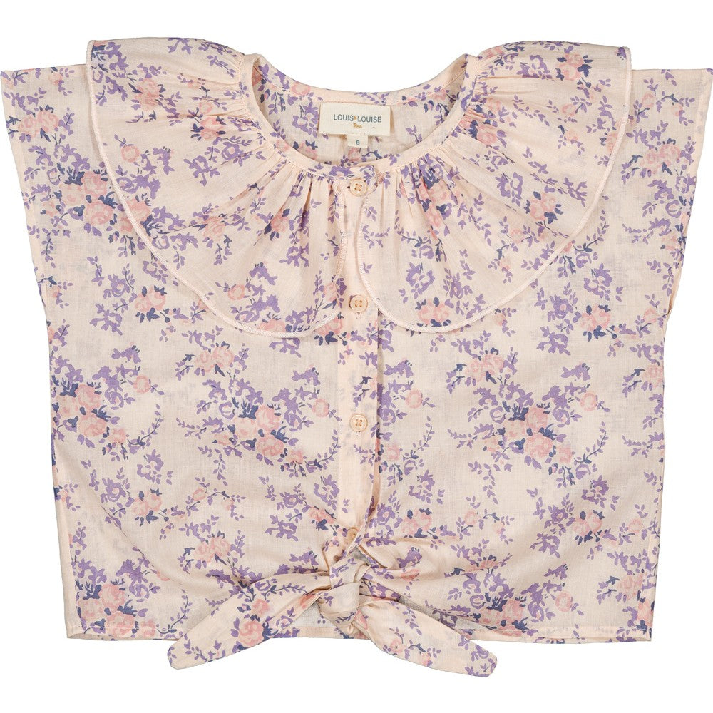 Girls floral cotton tunic with oversized ruffle collar and pink mauve bouquet print