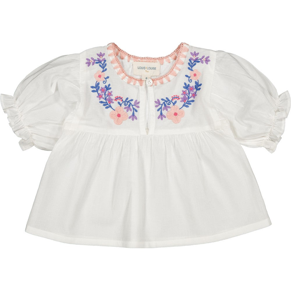 Baby girl off white cotton tunic with floral embroidery and puff sleeves