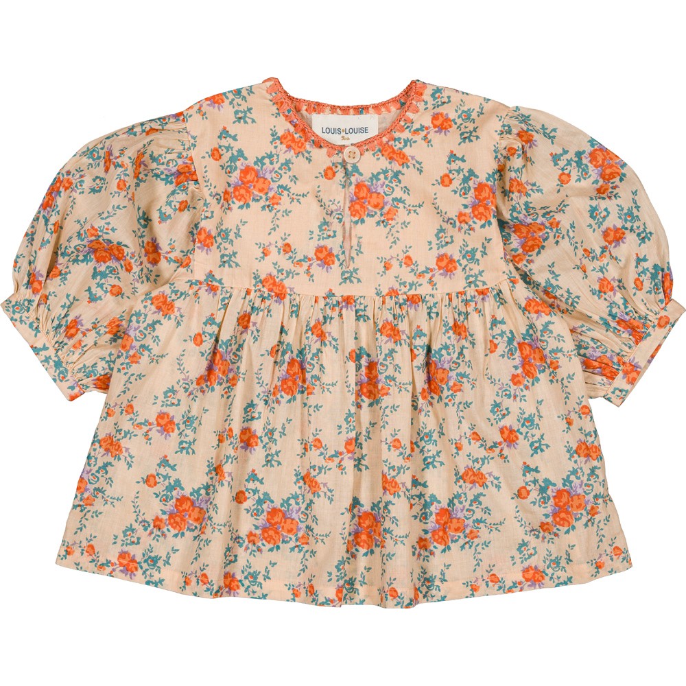 Baby floral cotton tunic with puff sleeves and nude orange bouquet print