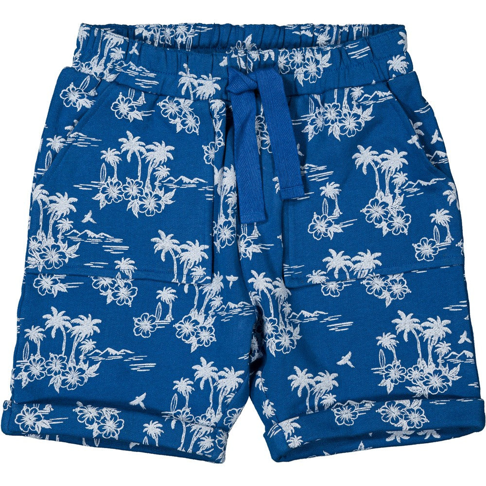 Boys navy blue cotton fleece bermuda shorts with white Hawaiian print