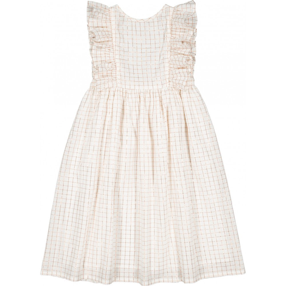 Girls off white cotton dress with pink check pattern and ruffled sleeves