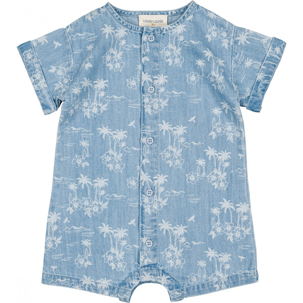 baby light blue denim romper with hawaiian tropical print short sleeves cotton