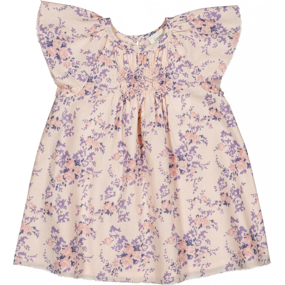 Baby floral cotton dress with smocked neckline and pink mauve bouquet print
