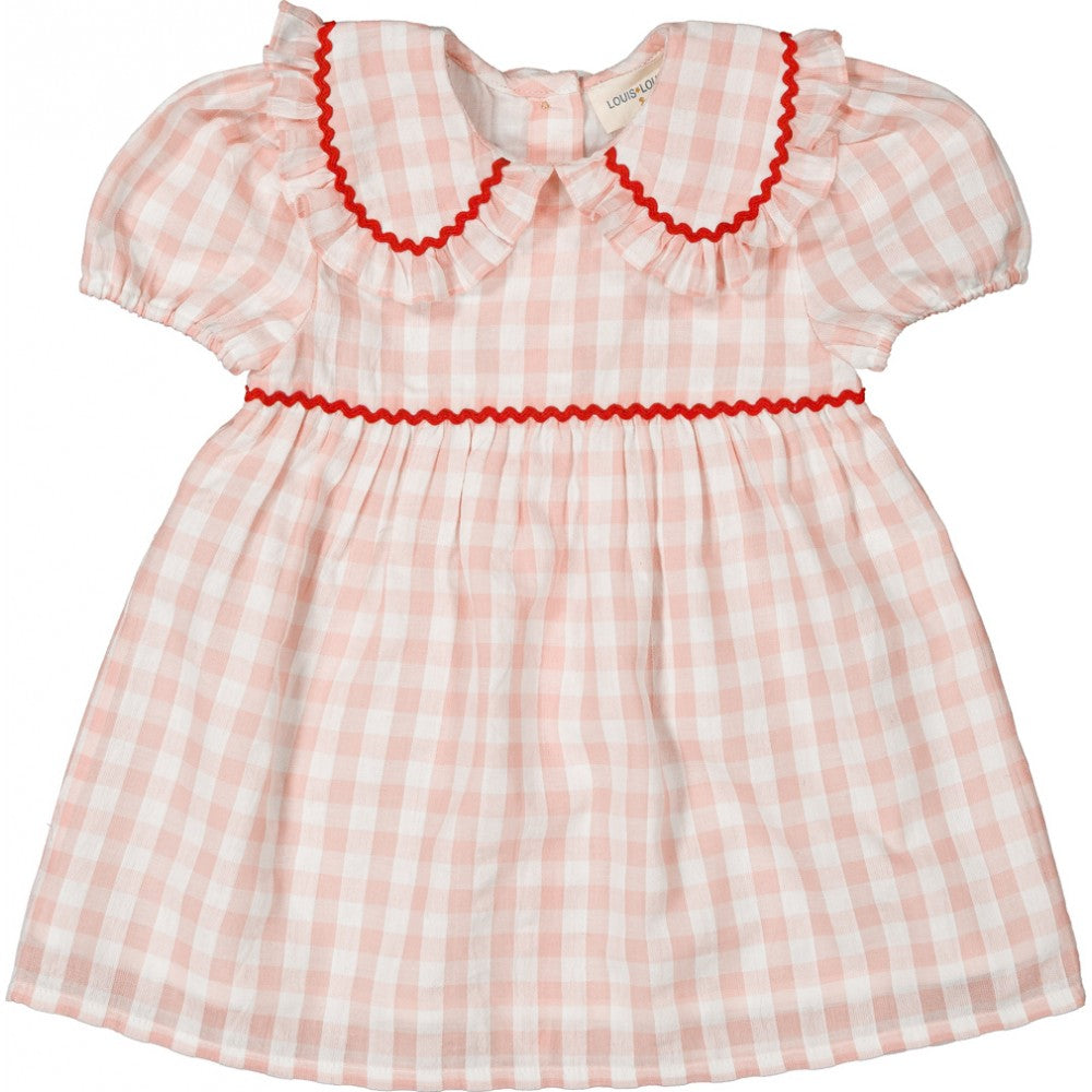 baby girl pink gingham cotton dress with peter pan collar puff sleeves summer outfit
