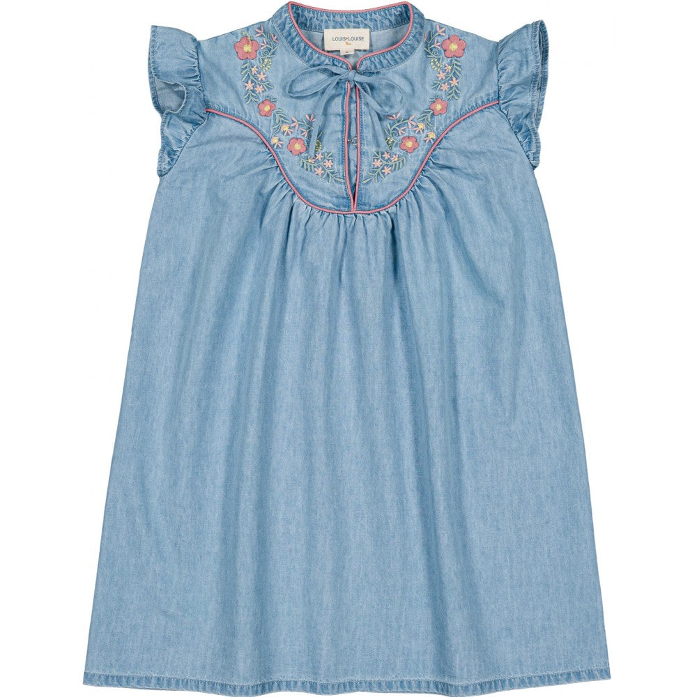 girls chambray embroidered dress light blue ruffle sleeves