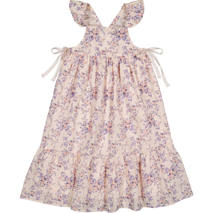 Girls floral cotton dress with ruffle straps and pink mauve bouquet print