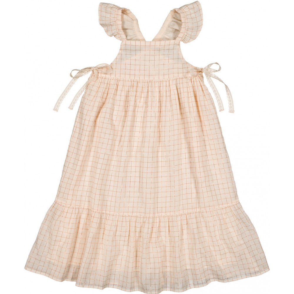 girls pink check cotton lurex dress with ruffle straps