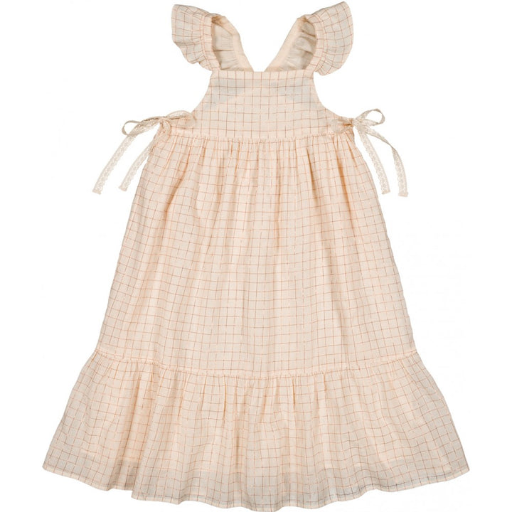 girls pink check cotton lurex dress with ruffle straps