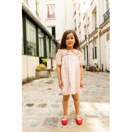 Girls pink gingham cotton dress with Peter Pan collar and red trim