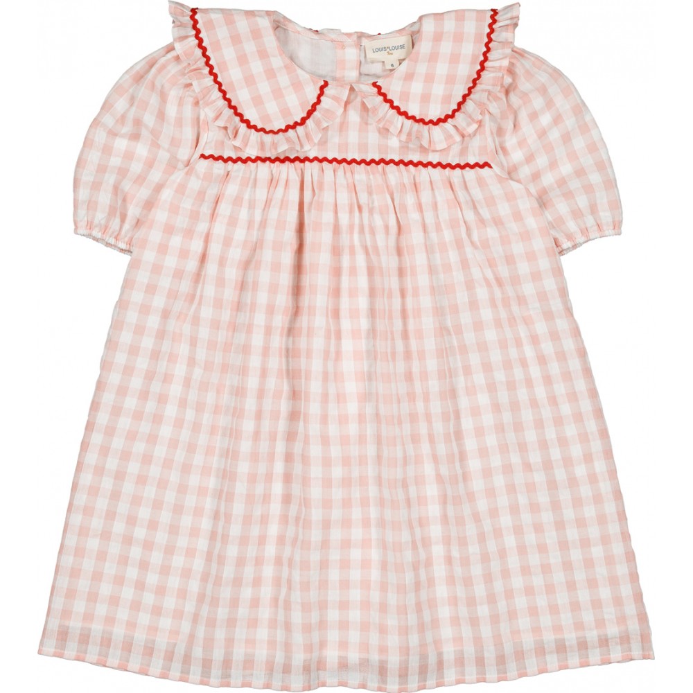 Girls pink gingham cotton dress with Peter Pan collar and red trim