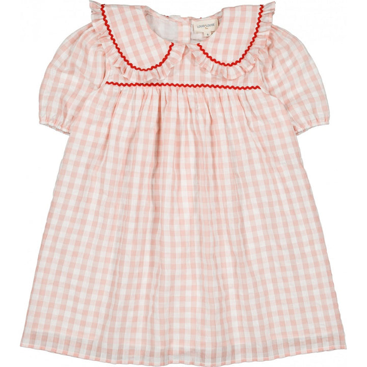Girls pink gingham cotton dress with Peter Pan collar and red trim