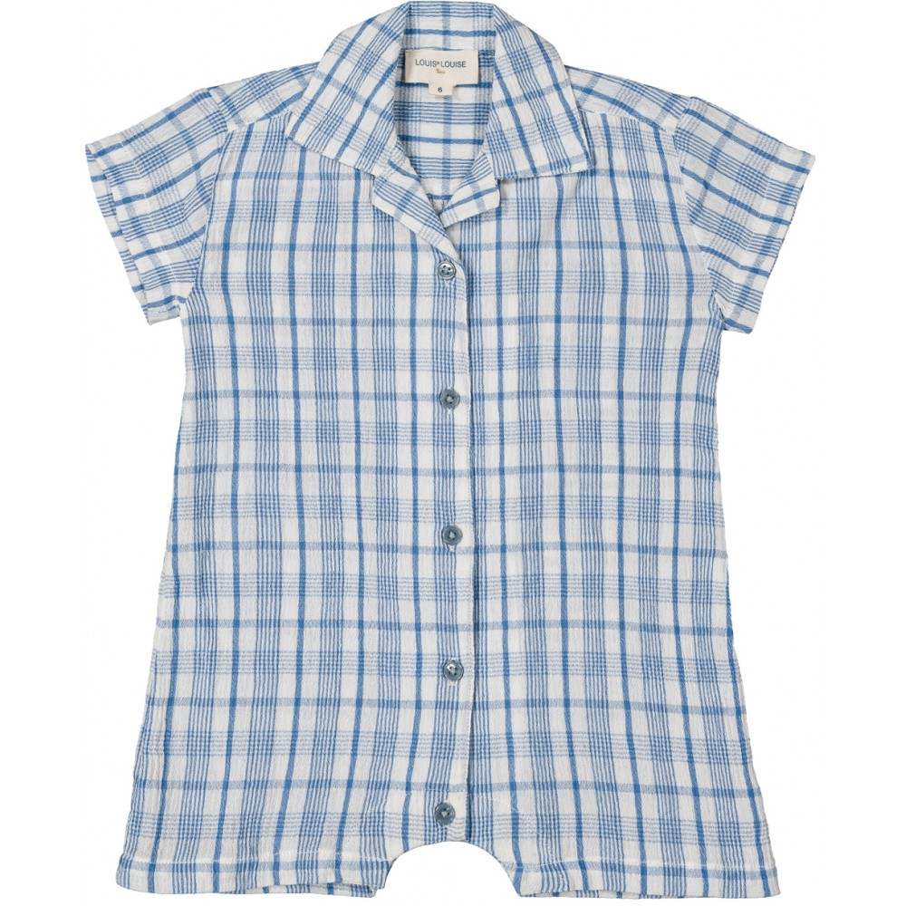 Baby boy blue check cotton crepe romper with short sleeves and button front