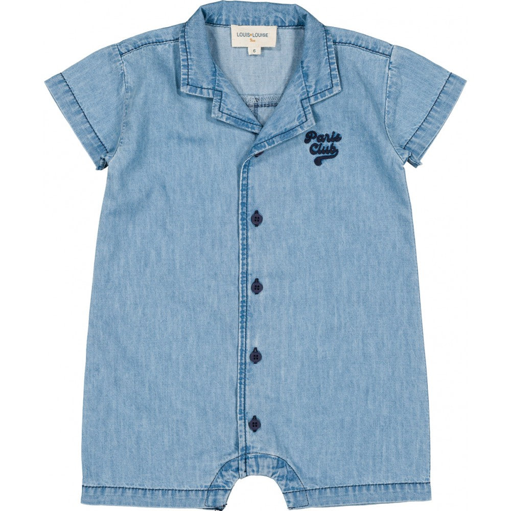 baby chambray romper light blue cotton short sleeve button front summer outfit