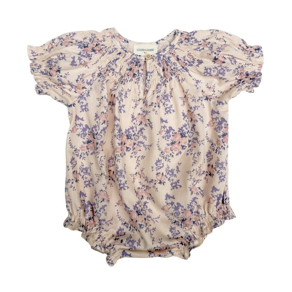 Baby floral cotton romper with smocked neckline and pink mauve bouquet print
