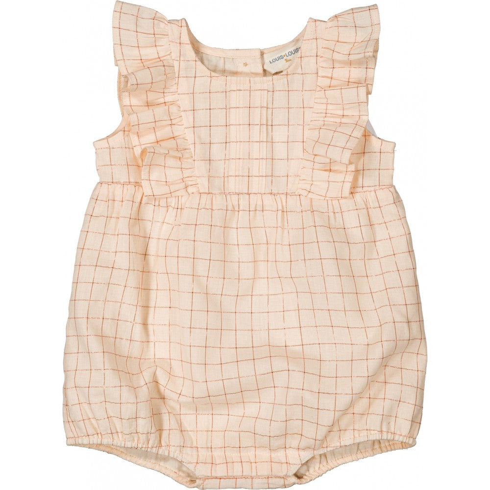 Baby girl pink check cotton romper with ruffle sleeves and soft gathered silhouette