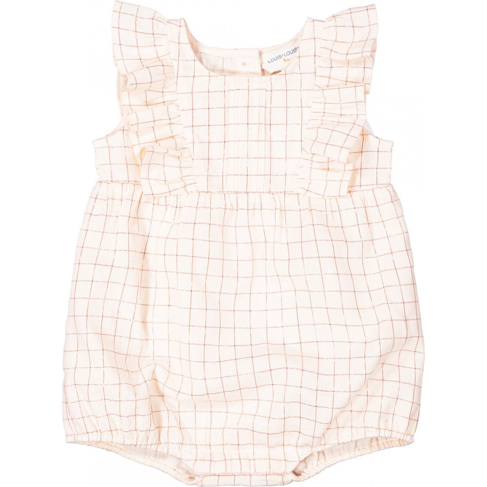 Baby girl off white cotton romper with pink check pattern and ruffled sleeves