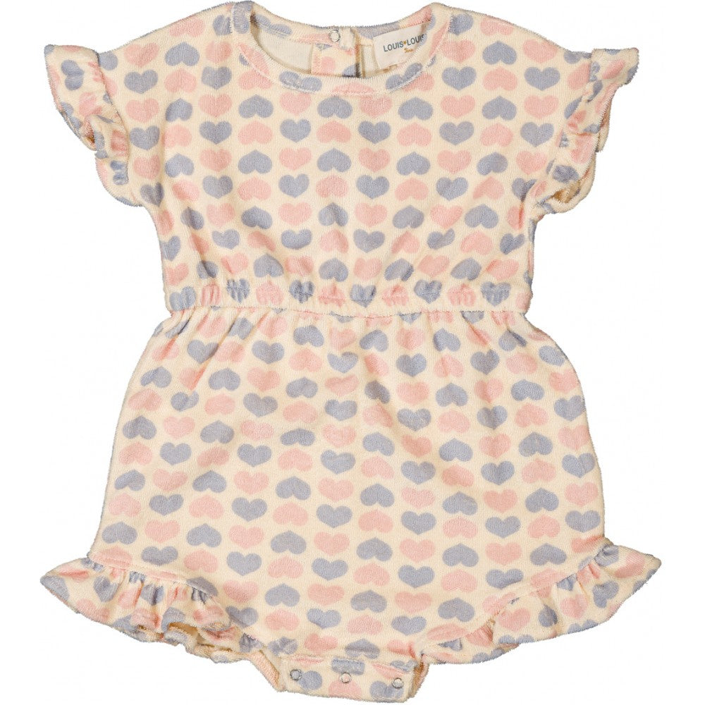 Baby terry romper with pastel heart print and ruffle sleeves