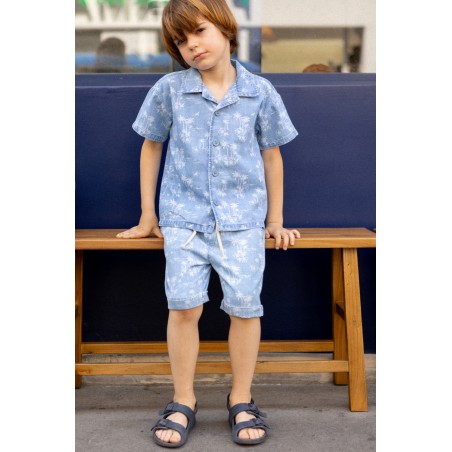 boys light blue denim hawaiian shirt with tropical print