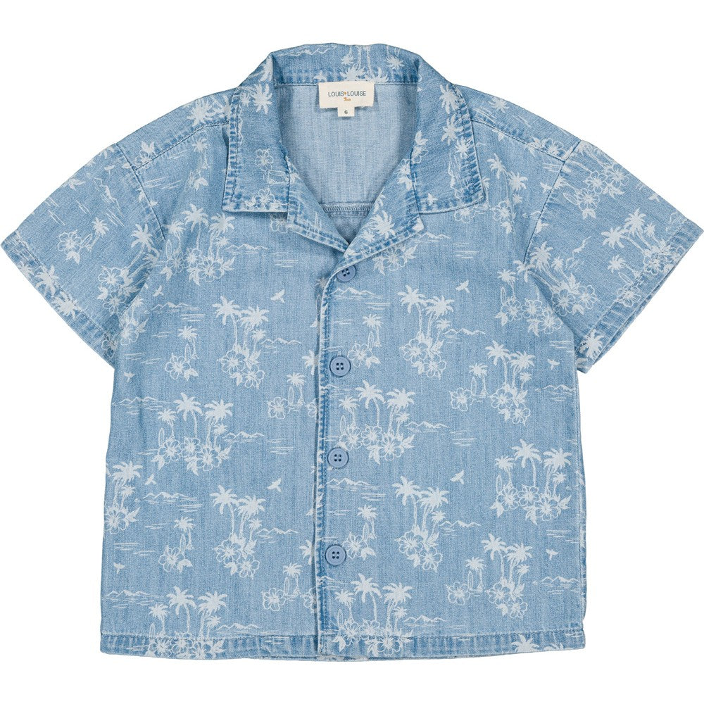 boys light blue denim hawaiian shirt with tropical print