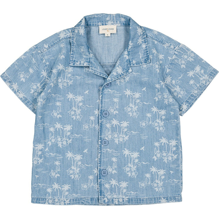 boys light blue denim hawaiian shirt with tropical print