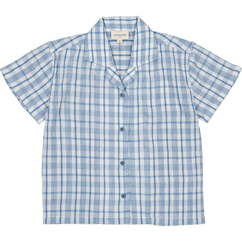 Boys blue check cotton crepe shirt with short sleeves and button front