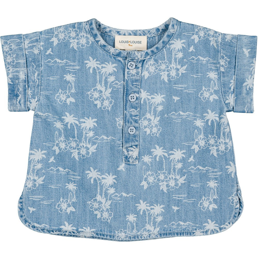 baby light blue denim shirt with hawaiian tropical print short sleeves cotton