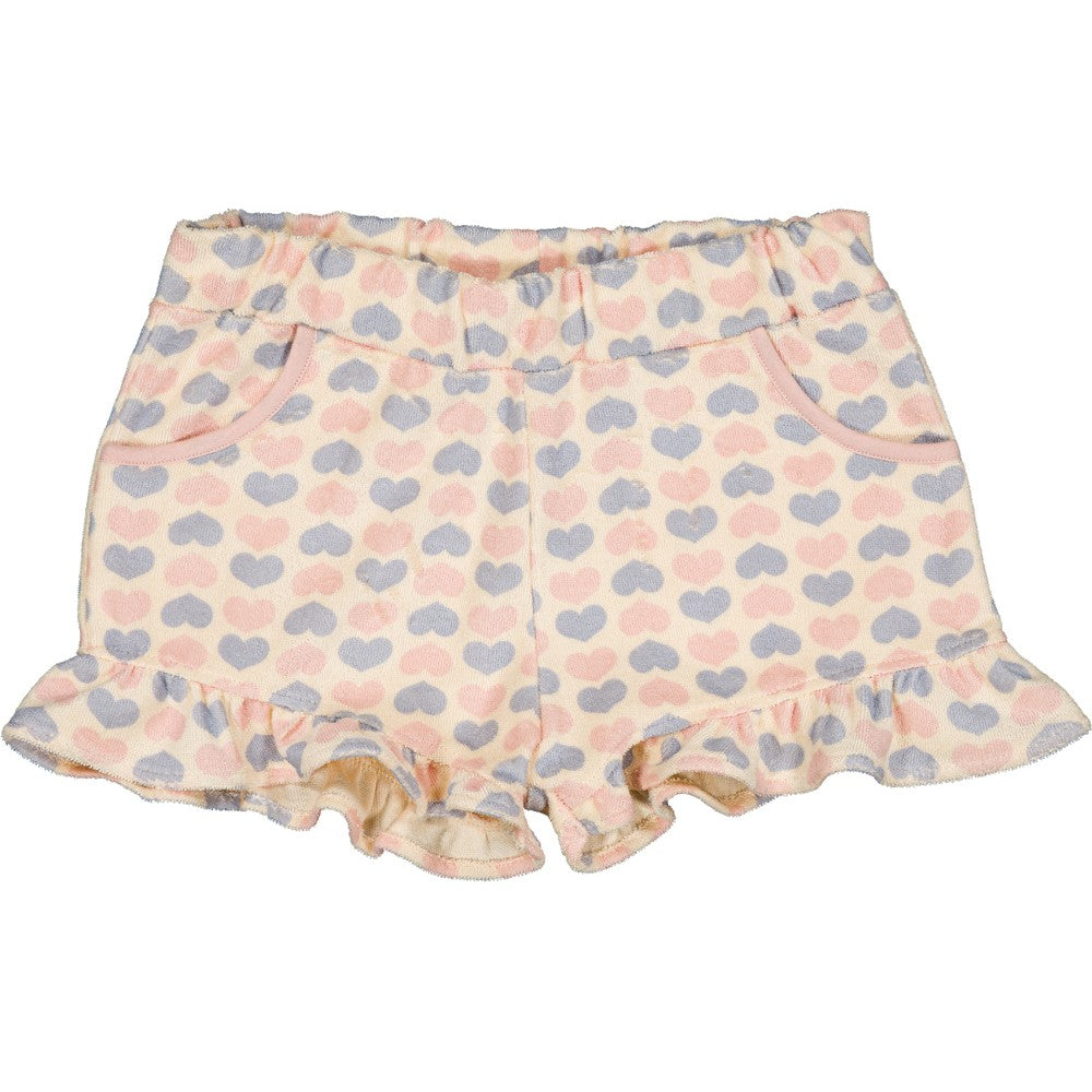 girls cotton heart print shorts with ruffle hem pink