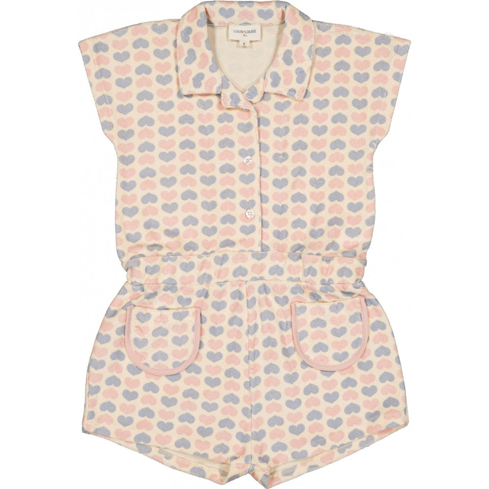 girls cotton heart print terry playsuit with collar pink