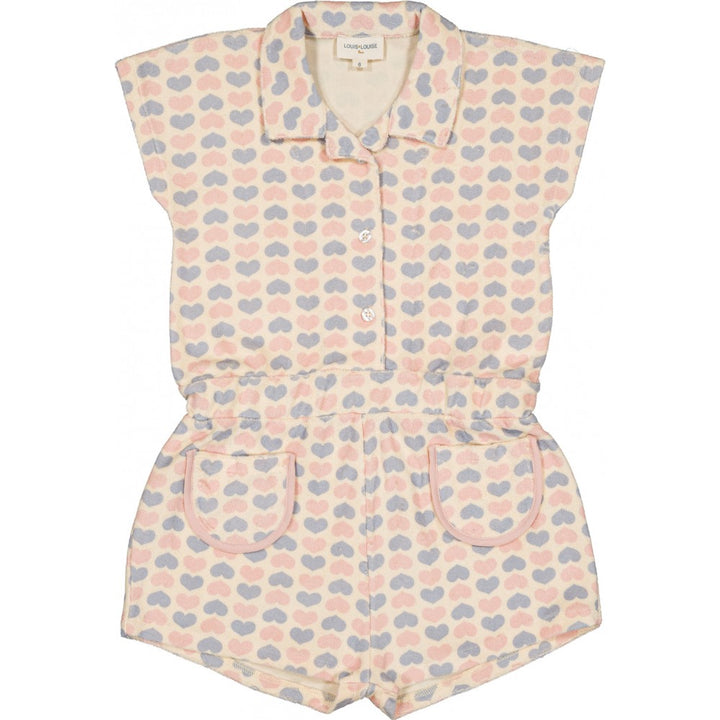 girls cotton heart print terry playsuit with collar pink