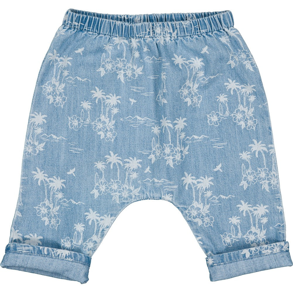baby light blue denim trousers tropical palm print