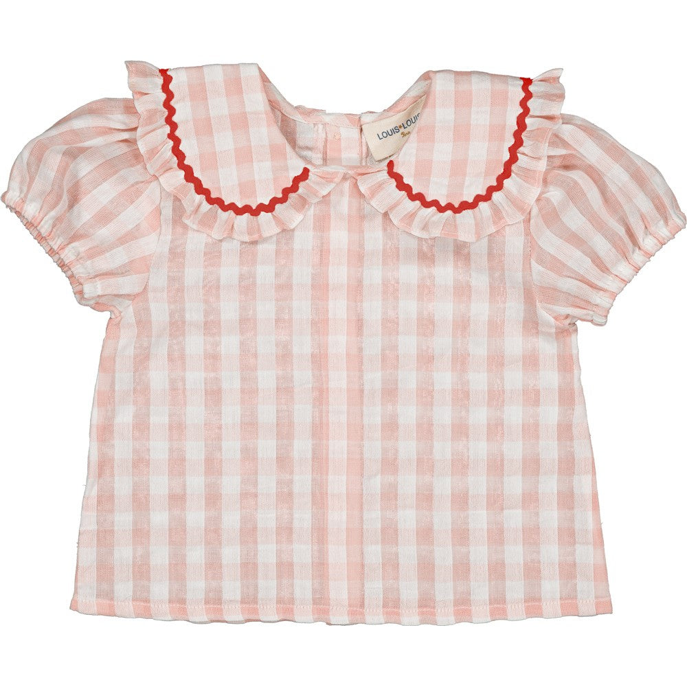 Baby girl pink gingham cotton tunic with ruffle collar and puff sleeves