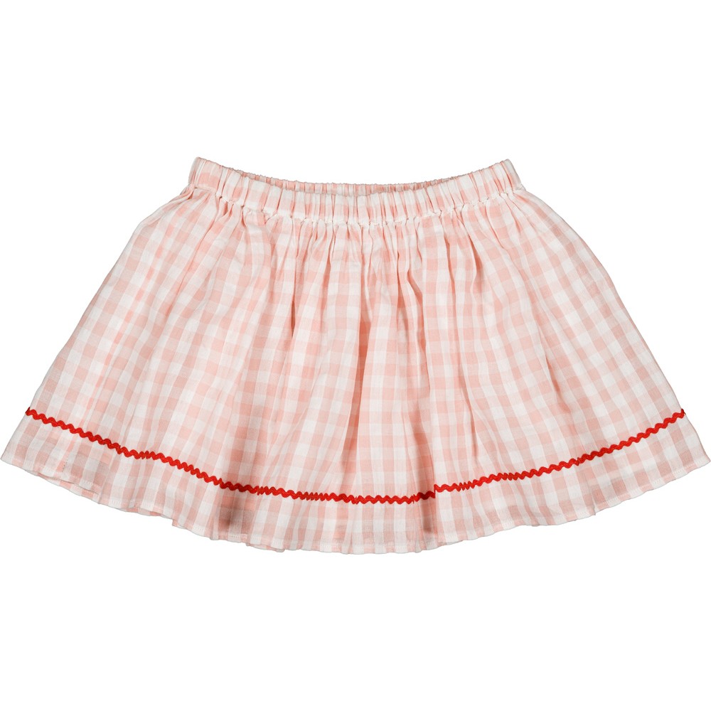 girls pink gingham cotton skirt elastic waist lightweight summer skirt with red trim