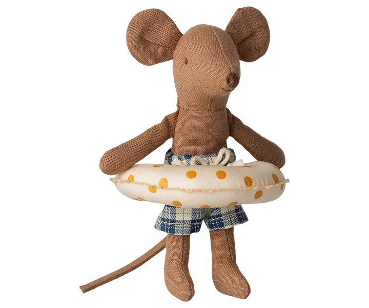 Maileg Little Brother beach mouse in swim trunks with yellow dotted float