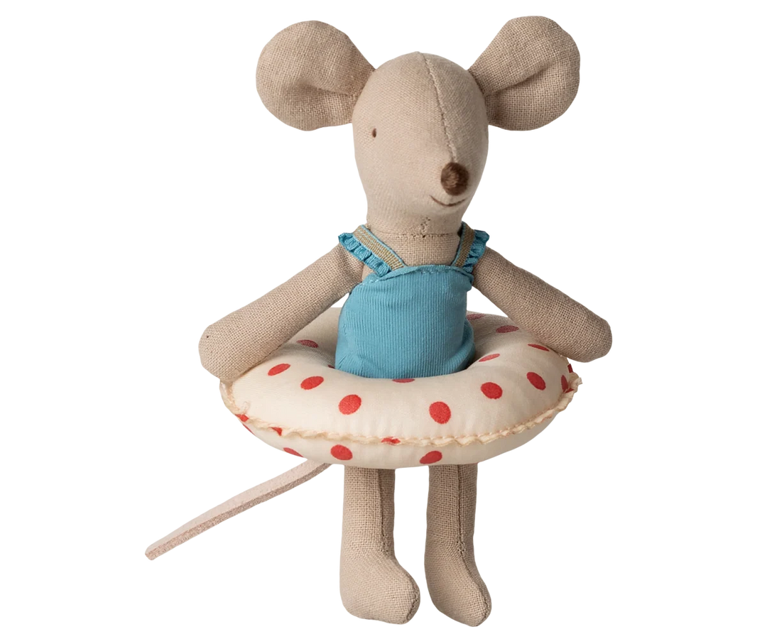 Maileg Little Sister beach mouse in swimsuit with red dotted float