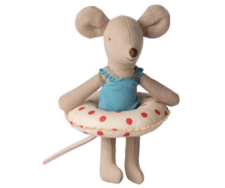 Maileg Little Sister beach mouse in swimsuit with red dotted float
